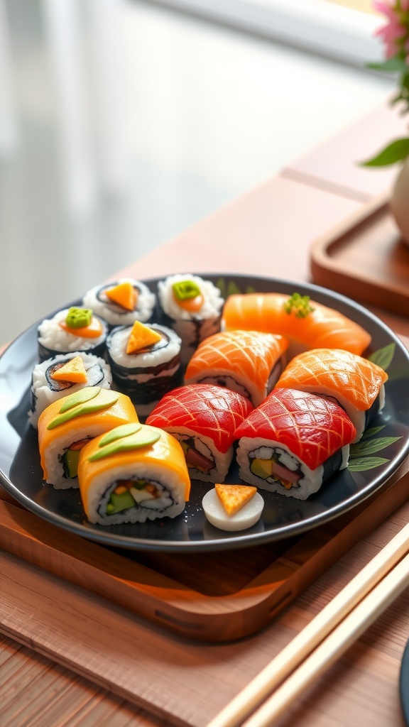 A detailed view of sushi custom content in The Sims 4, showcasing various sushi dishes on a dining table.